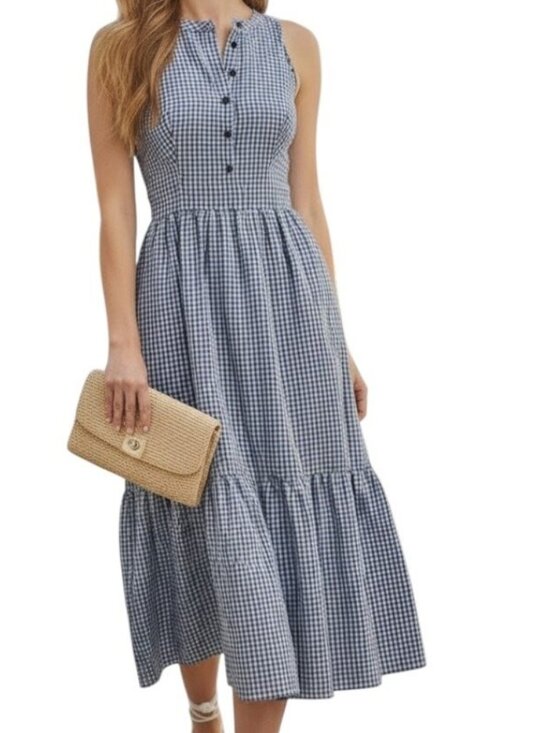 Gal Meets Glam Dresses & Skirts - GAL MEETS GLAM Ardith Blue Gingham Seersucker Fit & Flare Midi Dress sz 8